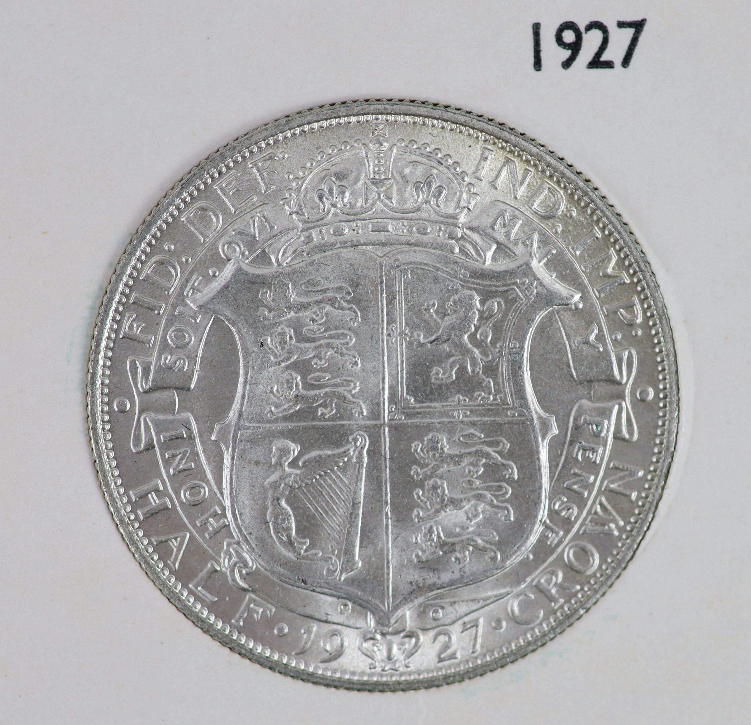 George V specimen set of seven coins, 1927, comprising 3rd coinage, halfcrown and shilling, 3rd coinage, and 4th coinage shilling, sixpence, all cleaned good VF/EF, the penny, halfpenny and farthing, toned and lustrous U